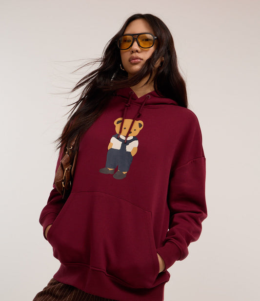 Burgundy Hoodie with Fleece Lining and Teddy Bear Print, Kangaroo Pocket