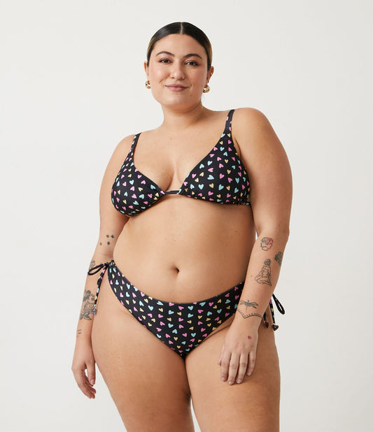 Fondo bikini nero con lacci laterali e stampa mini cuore - Curve e taglie forti