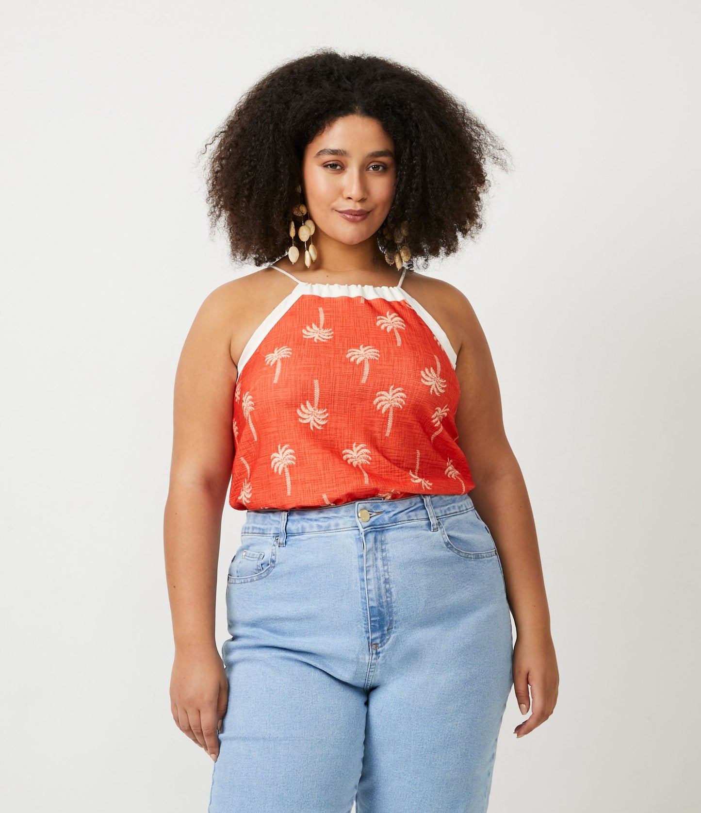Sleeveless Top with Thin Straps and Mini Palm Tree Print, Curve & Plus Size, Orange