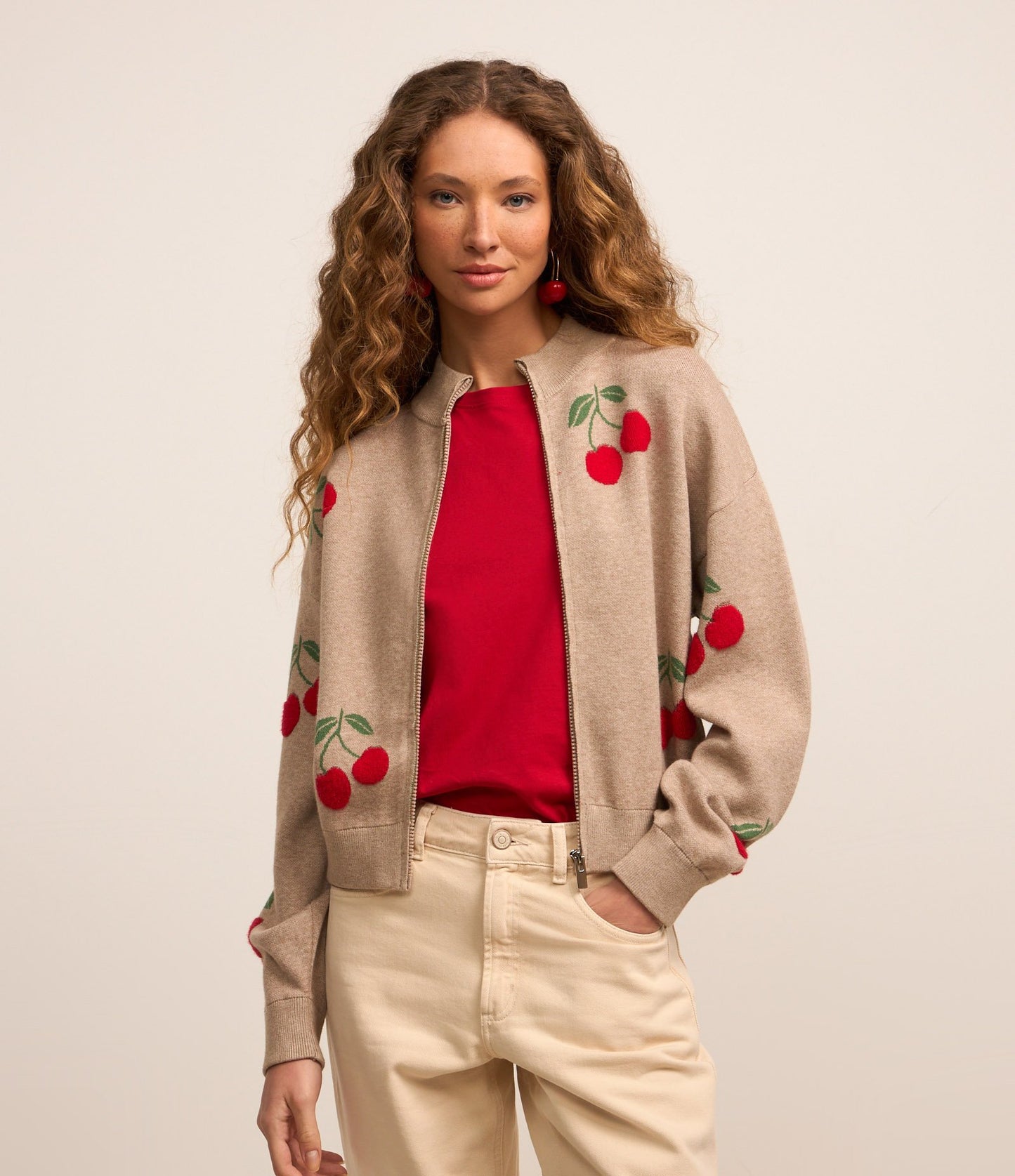 Cherry Print Knit Cardigan with Brown Zipper