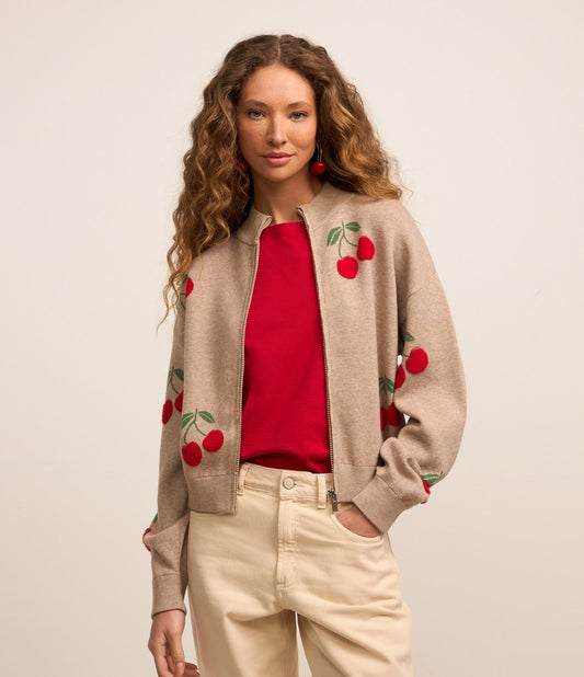 Cherry Print Knit Cardigan with Brown Zipper