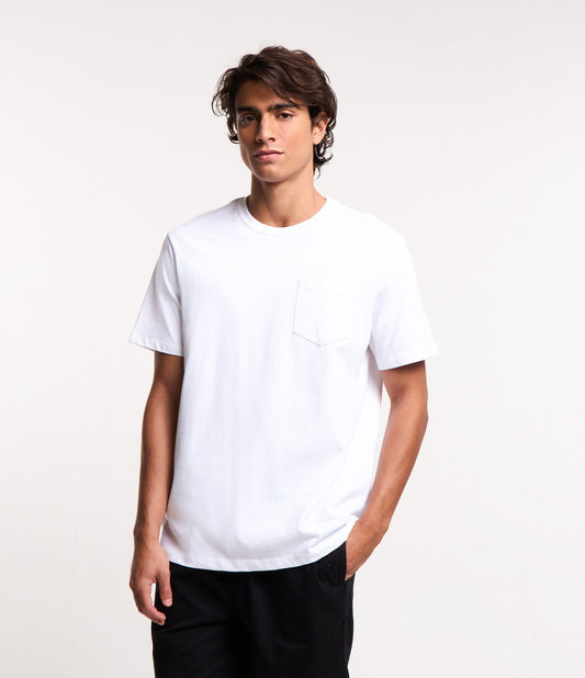 Maglietta Basic Comfort in tessuto a maglia con tasca frontale - Bianco
