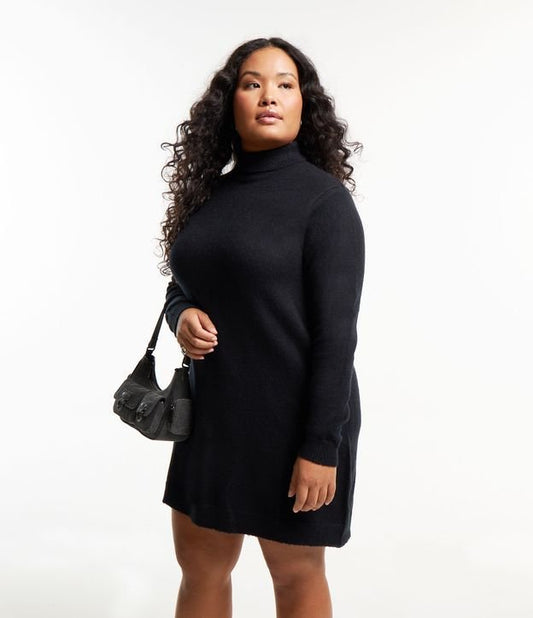 Vestido Negro Corto de Punto con Cuello Alto - Curve & Tallas Grandes