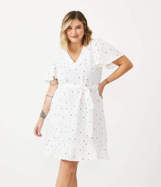 Vestido curto de crepe com estampa de coração e cinto com faixa, Curve & Plus Size, branco