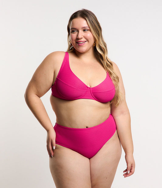 Fondo bikini a doppia stringa in poliammide testurizzata Curve e taglie forti Rosa