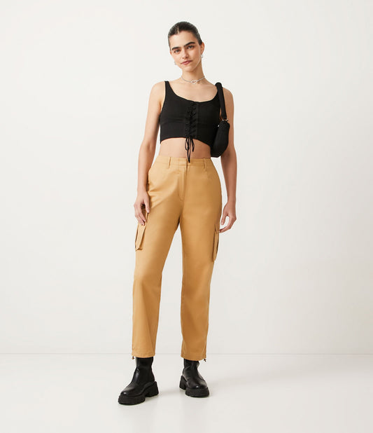 Calça reta de algodão de cintura alta com bolsos marrons