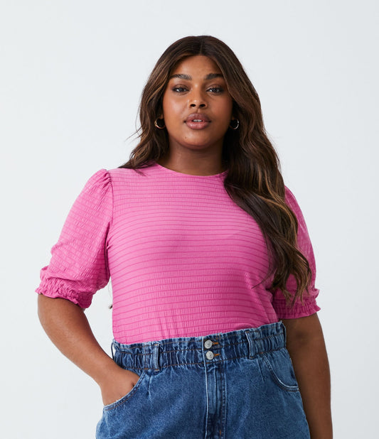 Blusa de malha texturizada com mangas bufantes, Curve & Plus Size, rosa