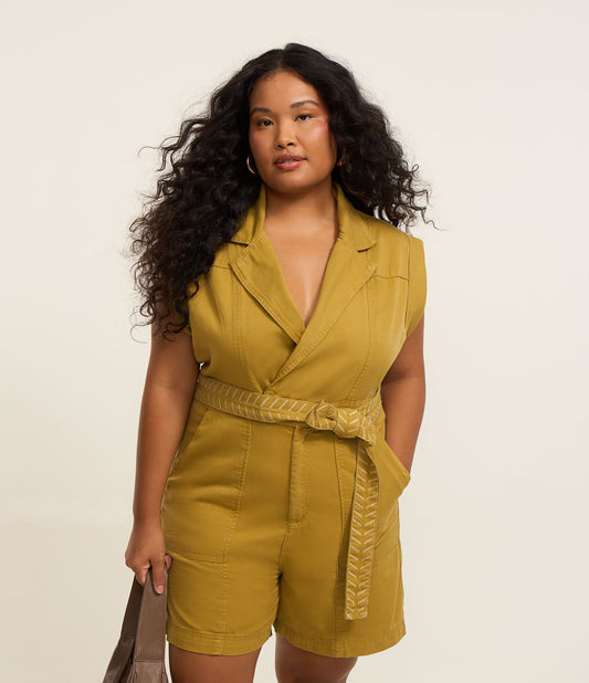 Romper in denim verde oliva con cintura ricamata - Curve e taglie forti