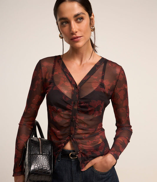 Camisa de Tule de Manga Longa com Estampa Floral Marrom Mármore