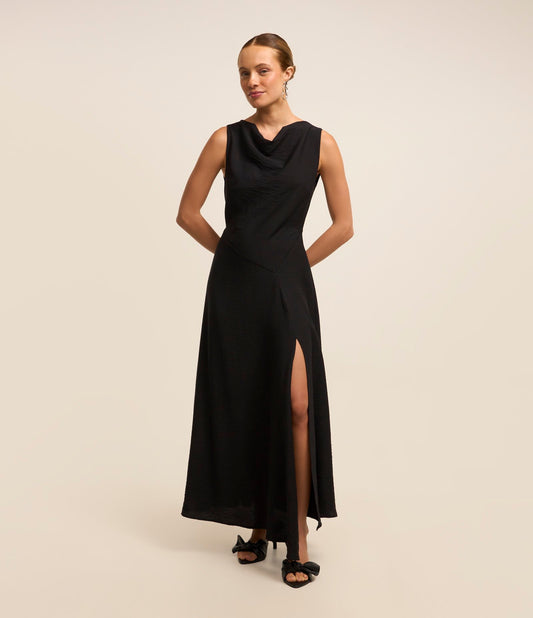 Novo vestido midi preto com design drapeado e zíper lateral