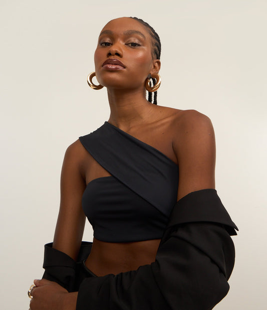 Black One-Shoulder Cropped Top with Wide Strap