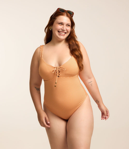 Costume da bagno Vichy Check in microfibra con doppio filo, taglie forti e taglie forti, caramello/bianco