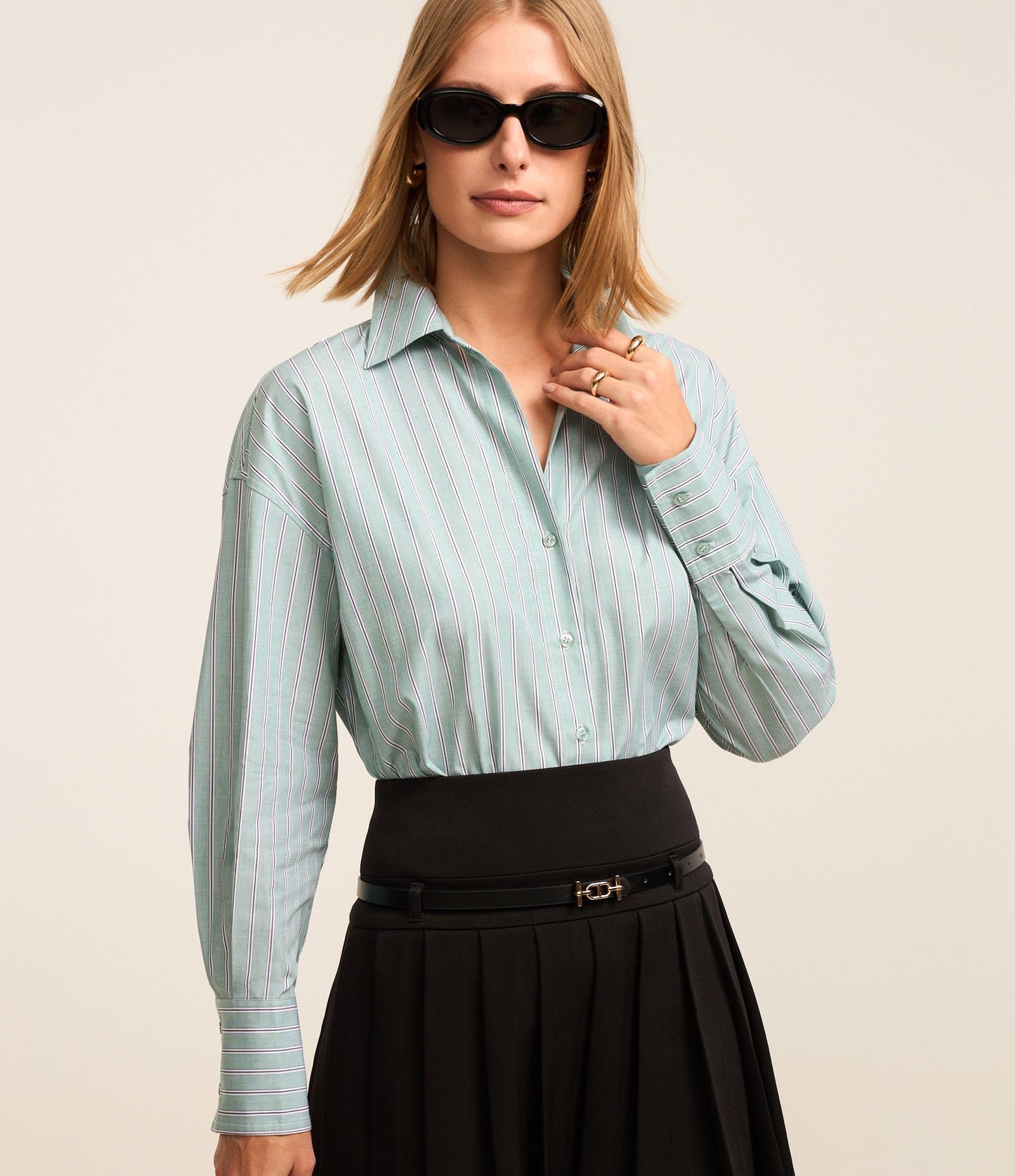 Striped Tricoline Long Shirt with Embroidered Green Bee