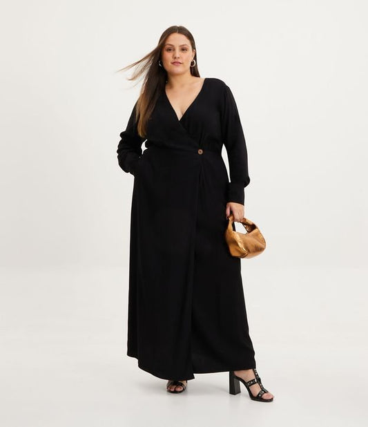 Vestito lungo in viscosa con scollo a portafoglio, taglie forti e taglie forti, nero