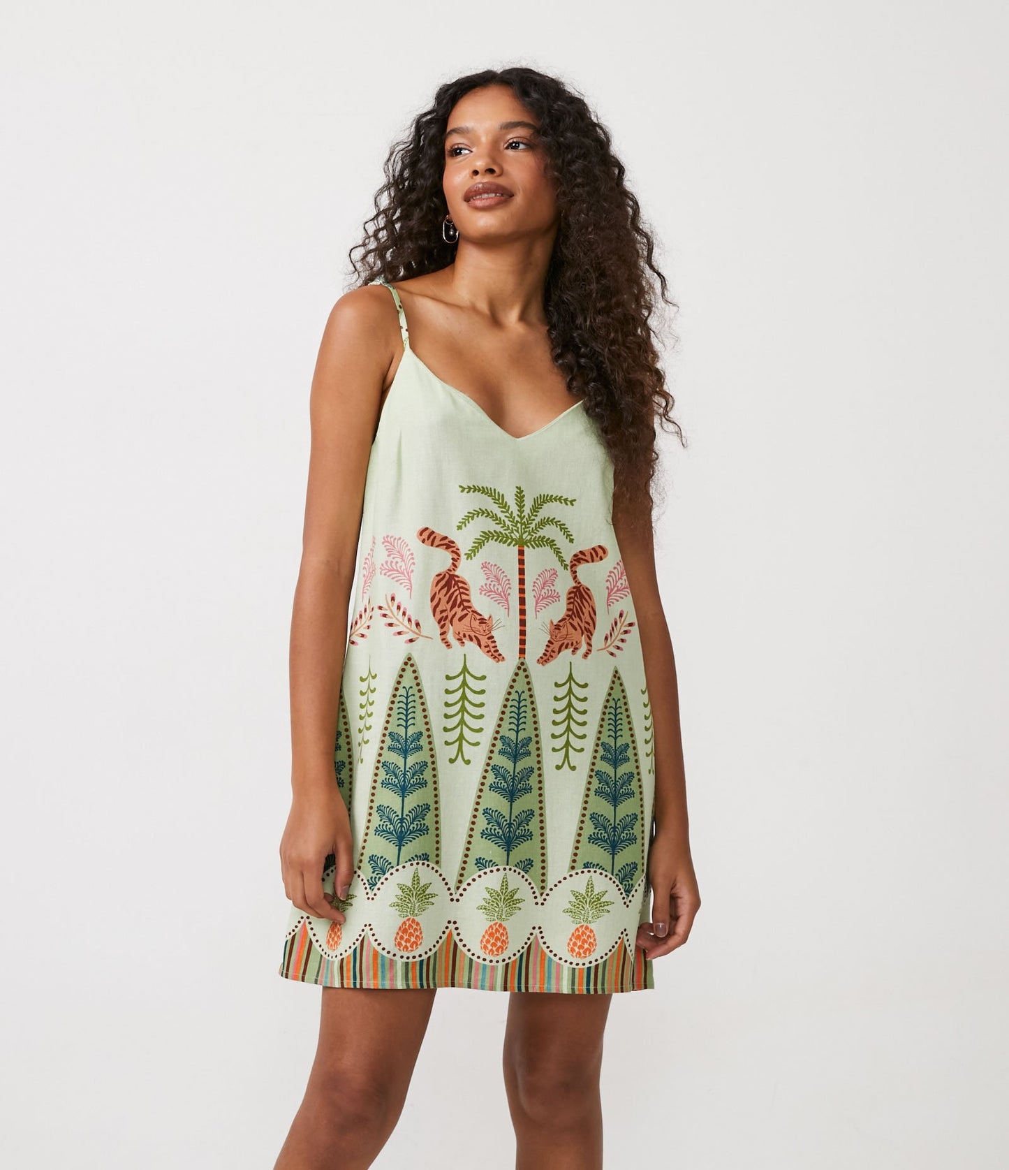 Vestito corto con cinturino in lino con stampa ananas verde e verde bosco