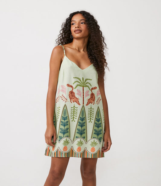 Vestito corto con cinturino in lino con stampa ananas verde e verde bosco