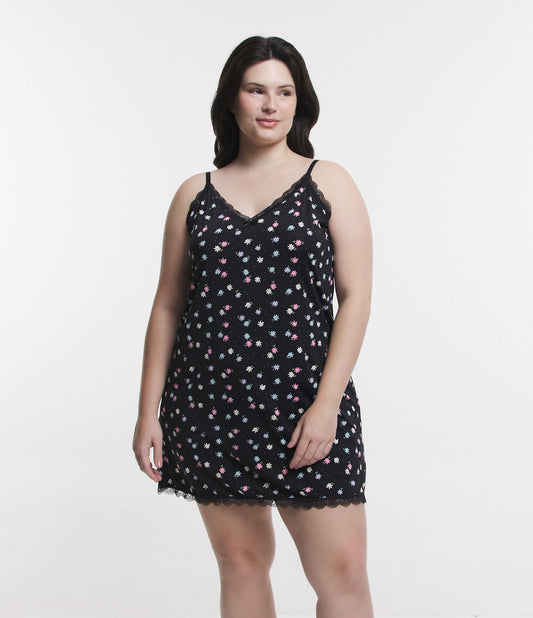 Camicia da notte con cinturino in poliammide con stampa floreale nera - Curve e taglie forti