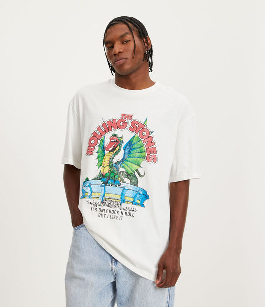 Relaxed Fit T-Shirt in Half Knit with White Snow Dragon Rolling Stones Print