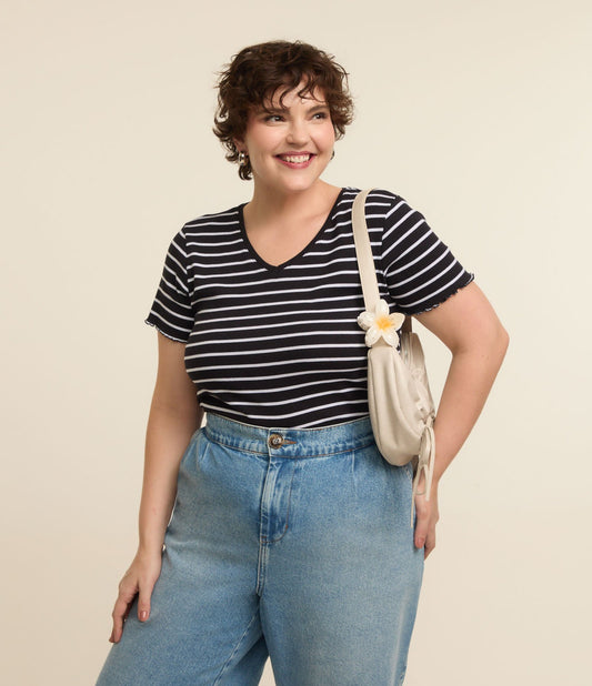 Camicetta a righe con bordi a balze Curve & Plus Size Nero