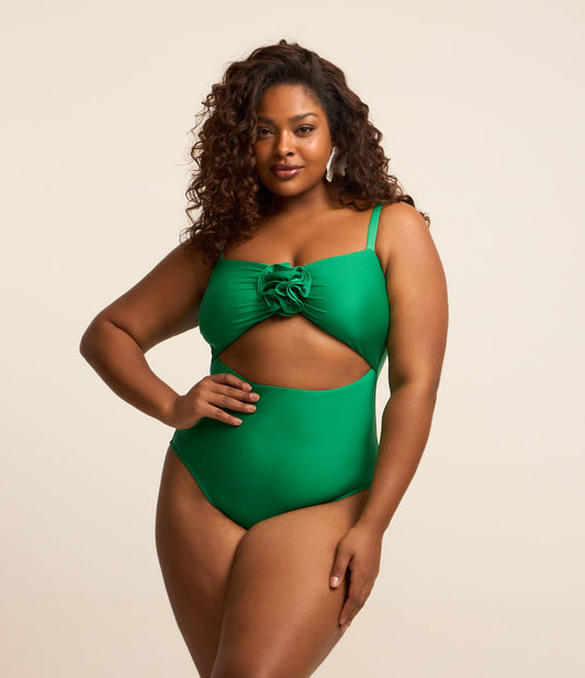 Costume da bagno verde Curve e taglie forti con design cut-out e applicazioni floreali
