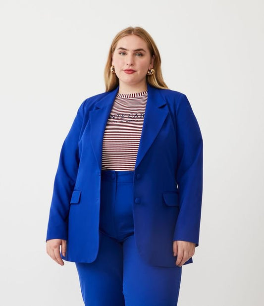 Blazer longo de crepe com botão coberto - Curve e Plus Size - Azul