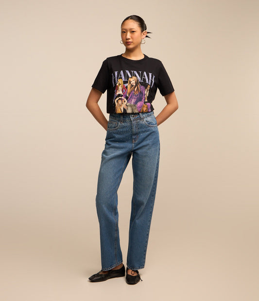 Jeans de perna reta com brilho azul