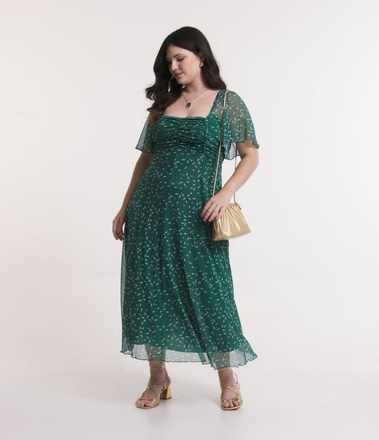 Vestito midi in tulle con stampa a foglie, taglie forti e taglie forti, verde