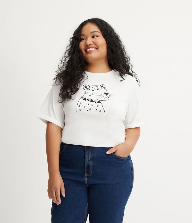 Maglietta bianca a mezza maglia con stampa leopardo, Curve & Plus Size