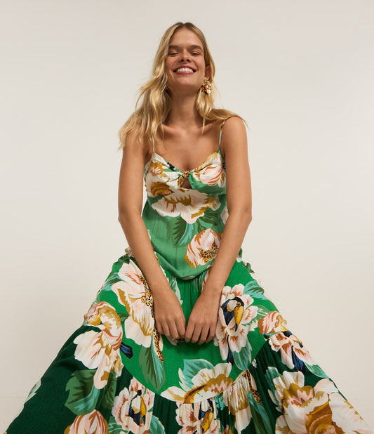 Vestido Midi de Viscose Floral Verde Novo
