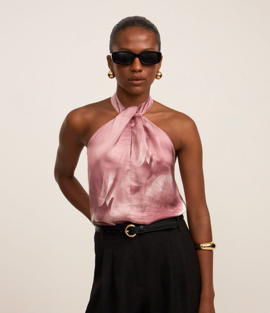 Satin Blouse with Halter Neck and Blurred Pink Petal Print