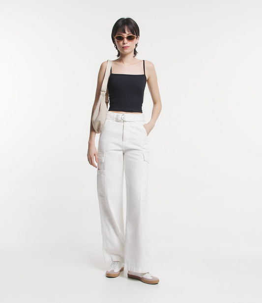 Pantaloni in twill a gamba larga con cintura e tasche cargo bianche