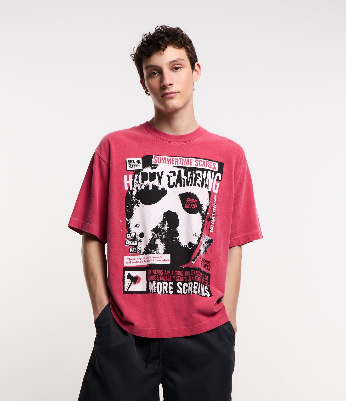 Boxy T-Shirt in Pink Knit Fabric with Jason Print