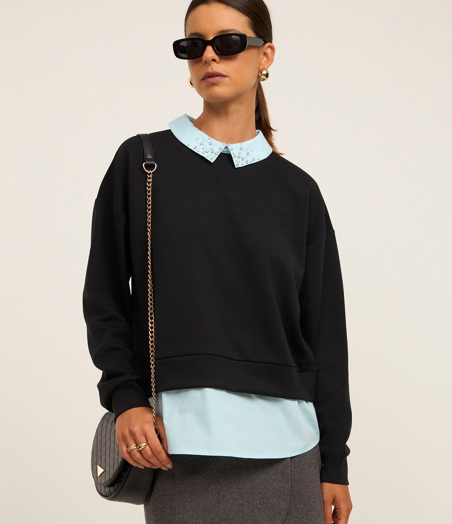 Black Sweatshirt with Shirt Collar and Rhinestone Trim