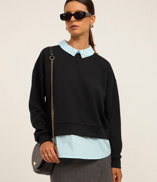 Black Sweatshirt with Shirt Collar and Rhinestone Trim