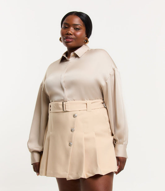 Camicia in raso con maniche a sbuffo, Curve e taglie forti, beige