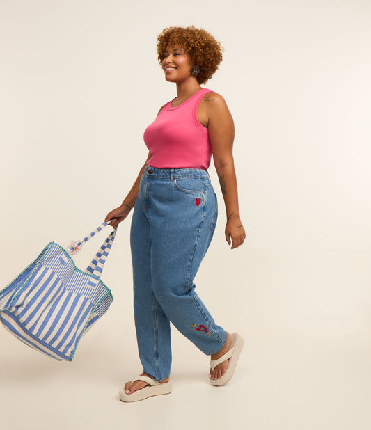 Jeans mamma a vita media con ricamo, Curve e taglie forti, blu