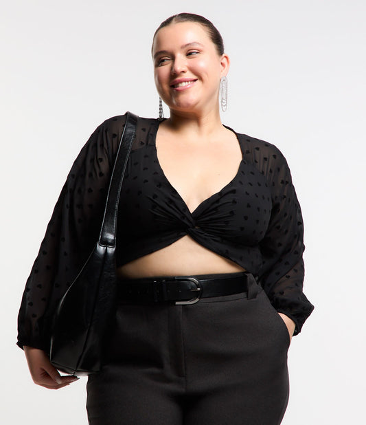 Blusa de chiffon preta com corações flocados - Curve e Plus Size