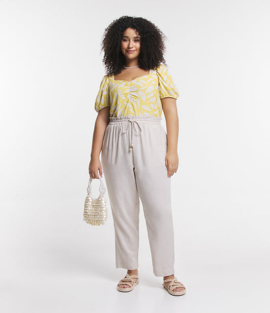 Pantalón Zanahoria de Lino Crudo con Lazo en la Cintura, Curvas y Tallas Grandes, Beige Avena