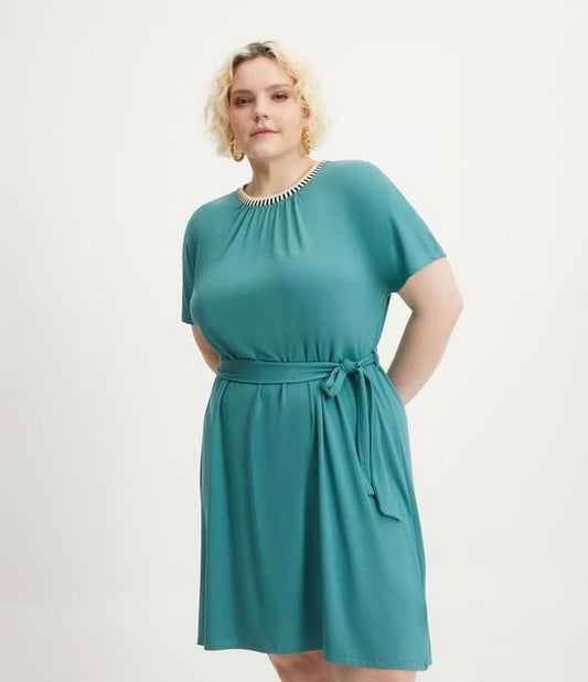 Vestito corto in viscosa con colletto in maglia e strisce, Curve e taglie forti, verde