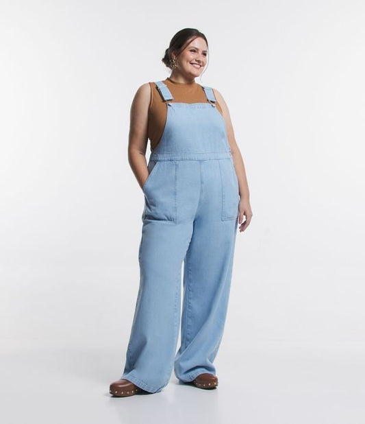 Mono vaquero recto con bolsillos, Curvas y tallas grandes, Azul claro