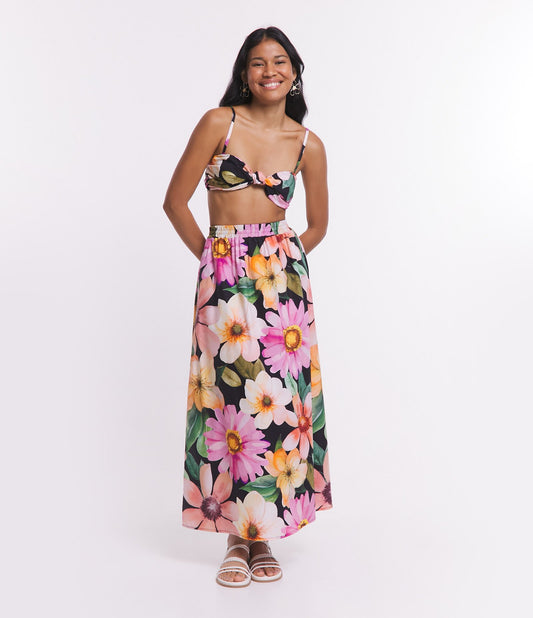 Nova saia midi larga multicolorida floral em tricoline