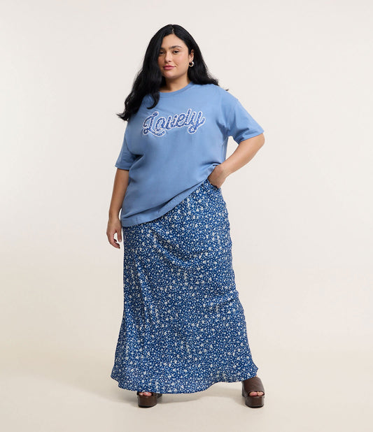 Gonna midi floreale con laccetto in vita, Curve e taglie forti, blu