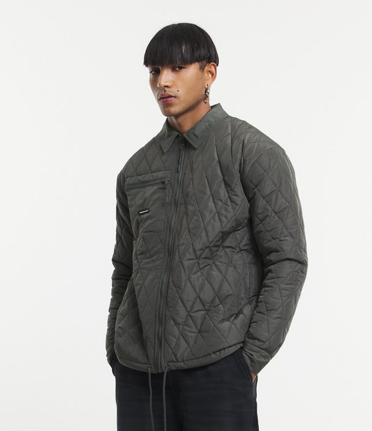 Jaqueta oversized de poliamida texturizada com bolso verde-oliva