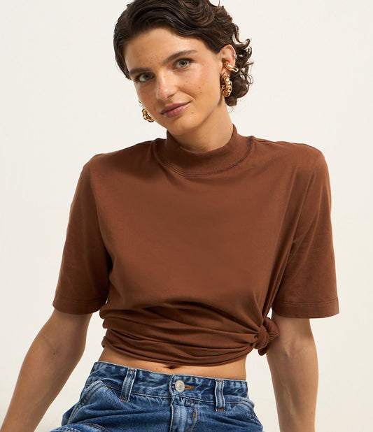 Camiseta de Algodão com Gola Marrom