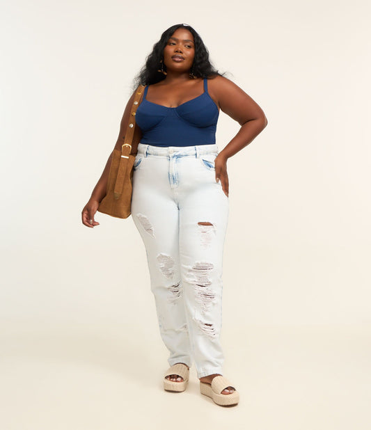 Jeans a gamba dritta con strappi sulla gamba, Curve e taglie forti, blu