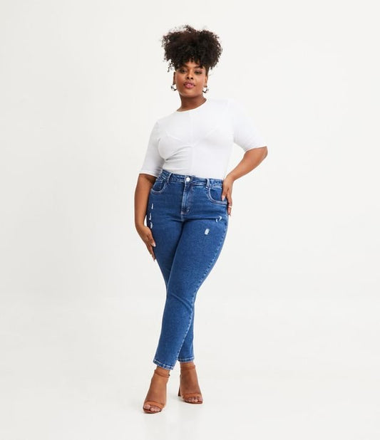 Jeans da donna con dettagli elasticizzati e invecchiati, Curve e taglie forti, blu