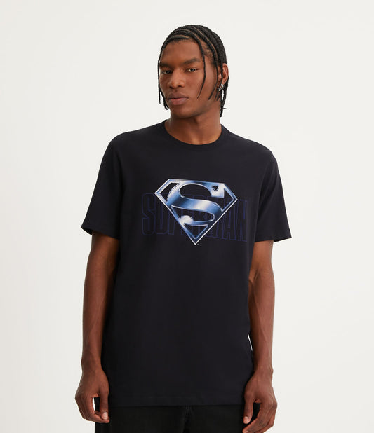 Maglietta regular fit in mezza maglia con stampa dello scudo di Superman nero