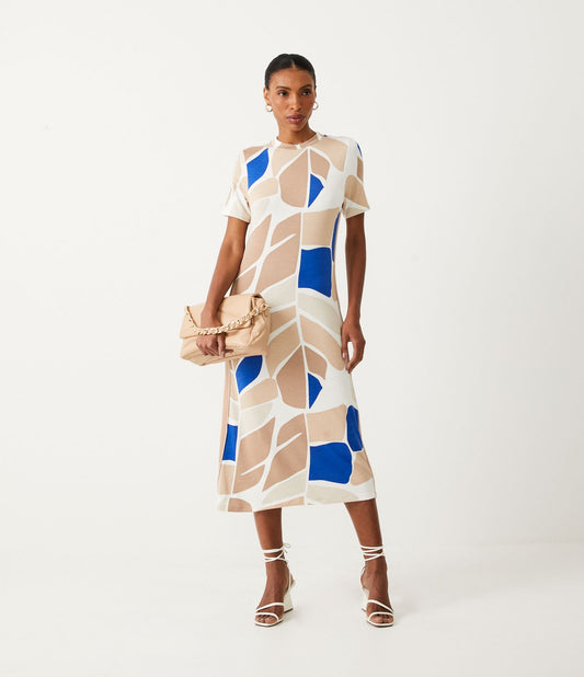 Vestito midi con stampa a foglie beige in tessuto felpato
