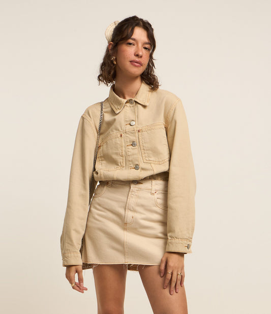 Regular Fit Beige Twill Jacket with Pockets and Panels