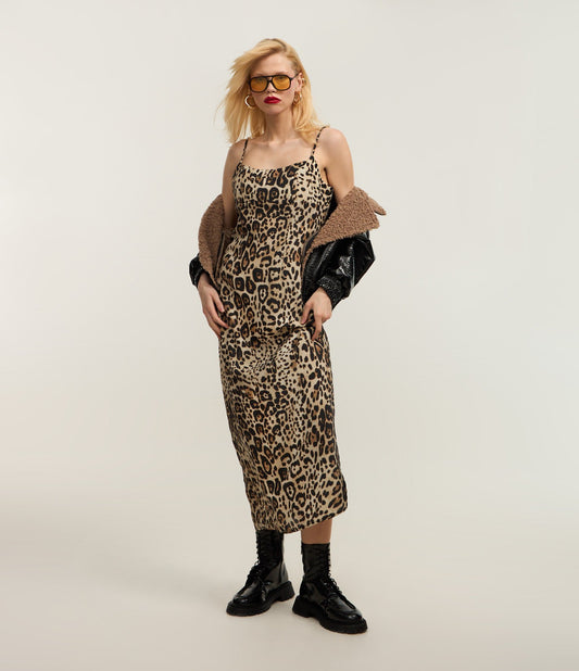 Nuovo abito midi in raso con stampa animalier marrone